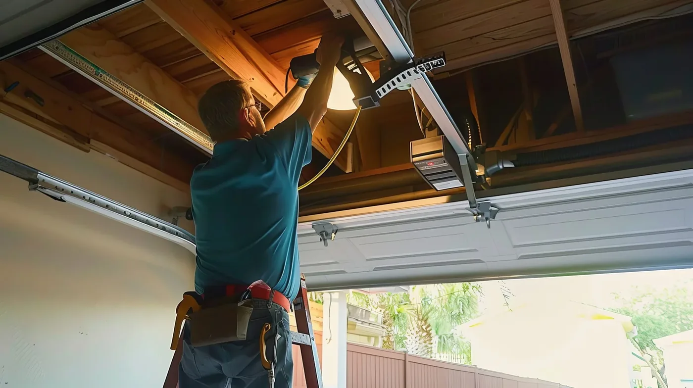 Technician on a ladder wiring a new garage door opener inside a residential garage